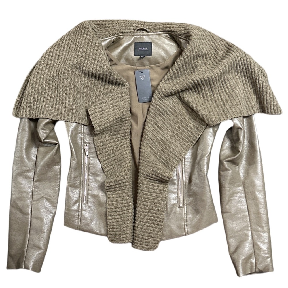 GUESS women's brown vegan leather moto shawl knit sweater jacket, S. BNWT.